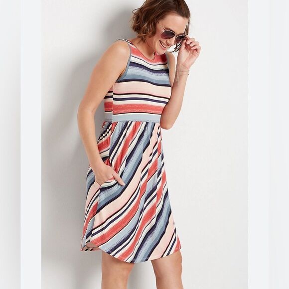 Maurices pink and blue multi stripe empire waist dress with pockets size small - Picture 1 of 7